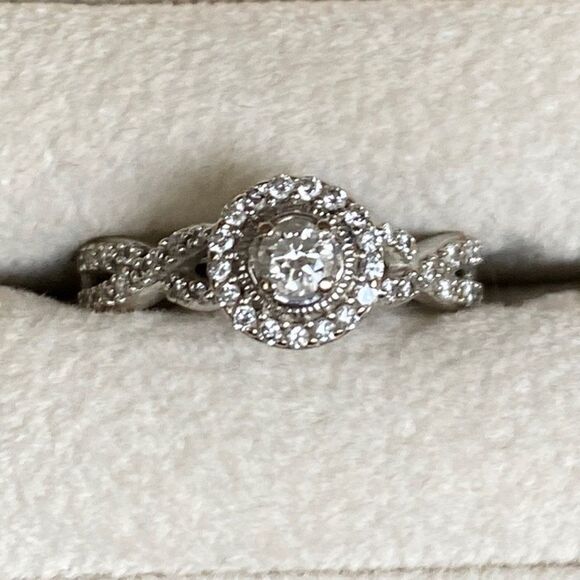 14K WG Crisscross Shank Genuine Diamond Halo Engagement Ring - Picture 8 of 11